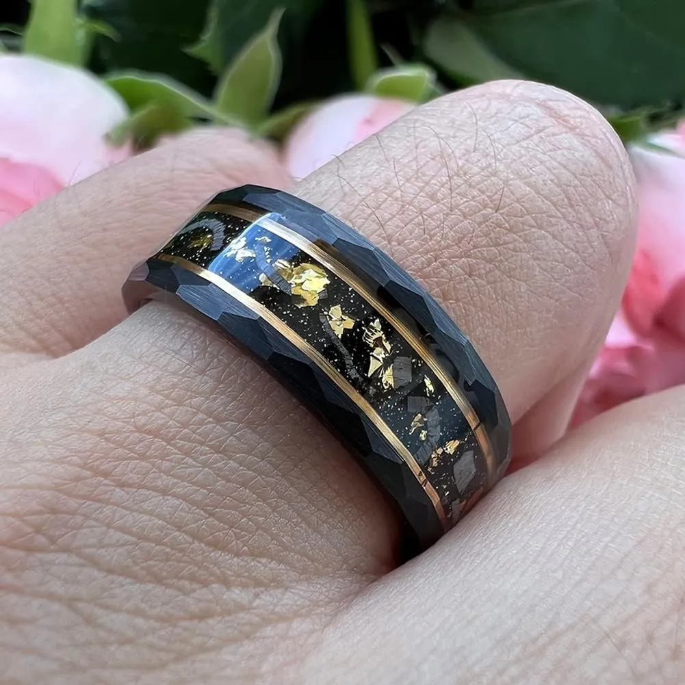 8mm Silver/Black Hammered Tungsten Rings for Men Women Engagement Wedding Bands Genuine Meteorite Shavings Gold Foil Inlay Matte Finish Comfort Fit
