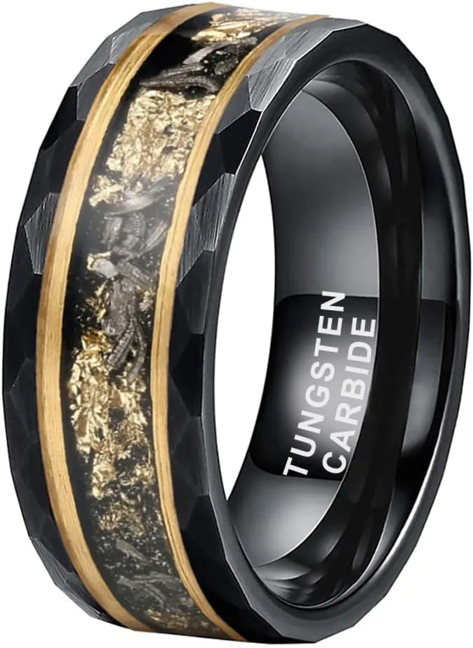 8mm Silver/Black Hammered Tungsten Rings for Men Women Engagement Wedding Bands Genuine Meteorite Shavings Gold Foil Inlay Matte Finish Comfort Fit