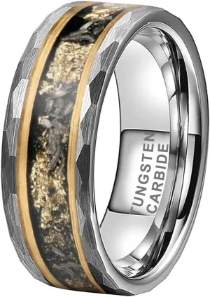 8mm Silver/Black Hammered Tungsten Rings for Men Women Engagement Wedding Bands Genuine Meteorite Shavings Gold Foil Inlay Matte Finish Comfort Fit