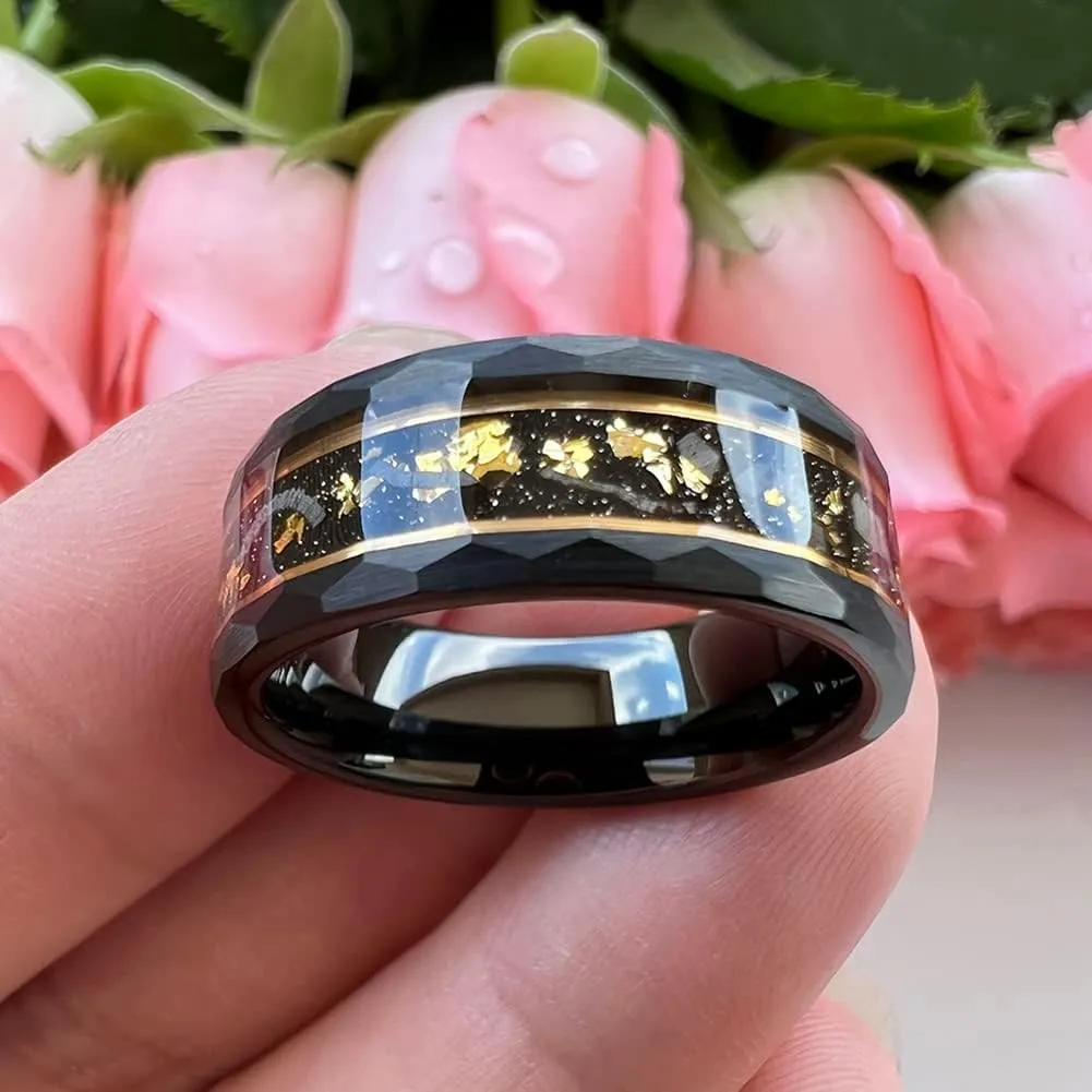 8mm Silver/Black Hammered Tungsten Rings for Men Women Engagement Wedding Bands Genuine Meteorite Shavings Gold Foil Inlay Matte Finish Comfort Fit