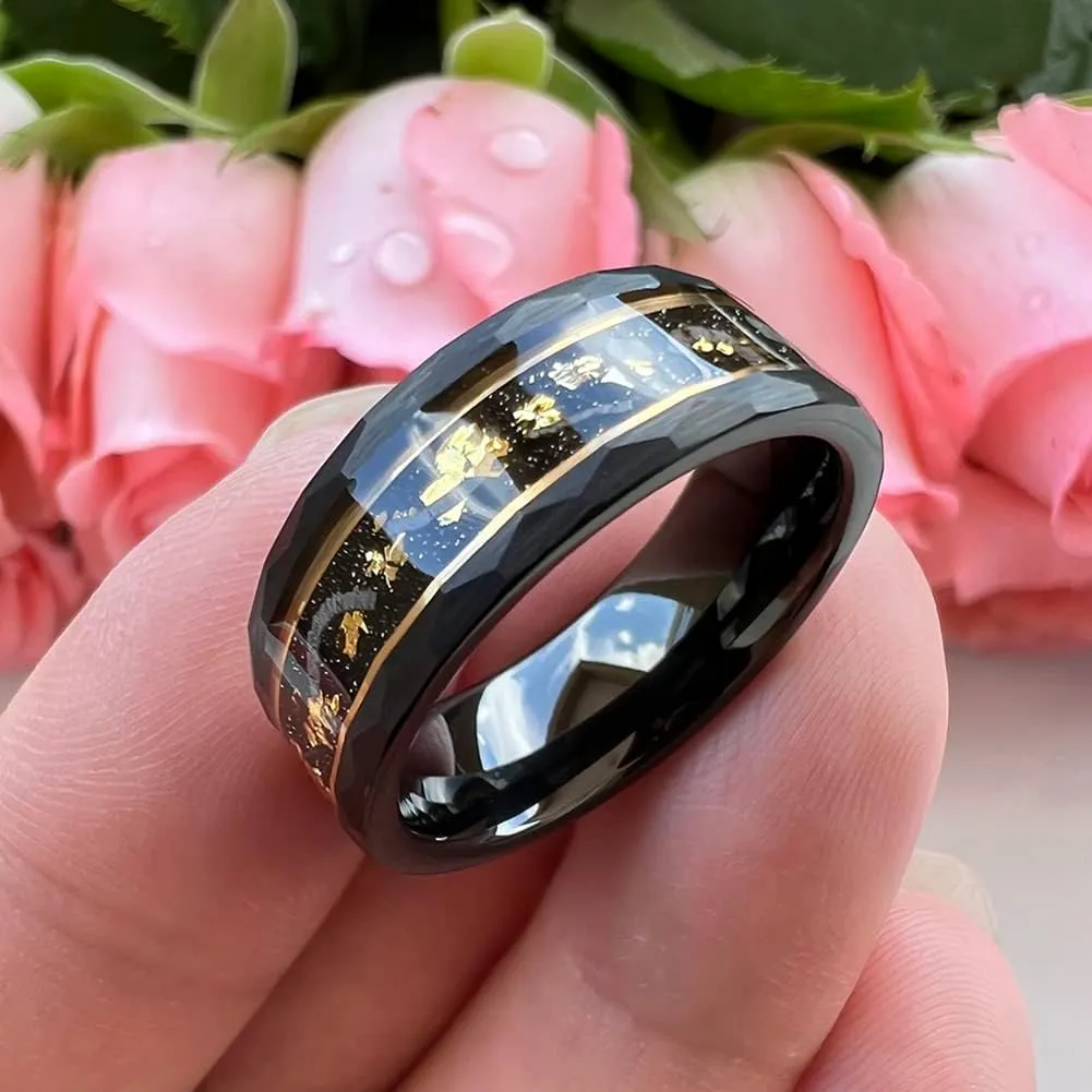 8mm Silver/Black Hammered Tungsten Rings for Men Women Engagement Wedding Bands Genuine Meteorite Shavings Gold Foil Inlay Matte Finish Comfort Fit
