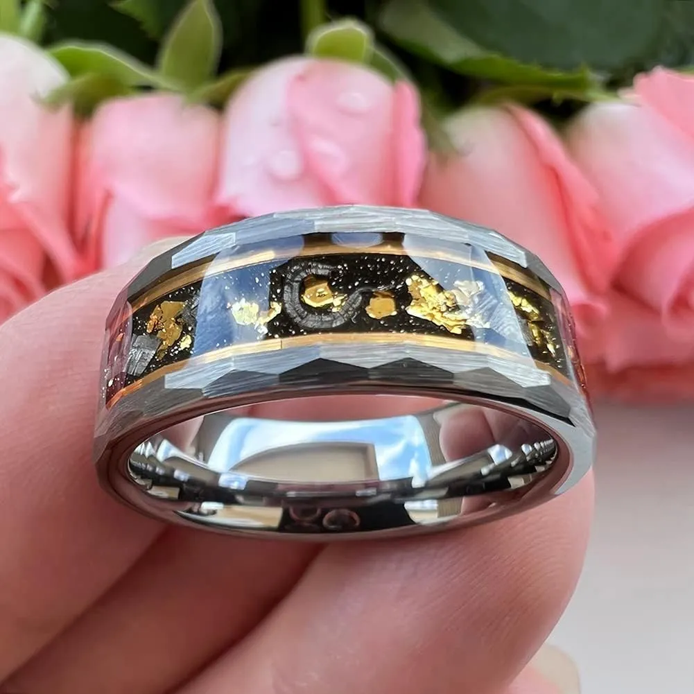 8mm Silver/Black Hammered Tungsten Rings for Men Women Engagement Wedding Bands Genuine Meteorite Shavings Gold Foil Inlay Matte Finish Comfort Fit