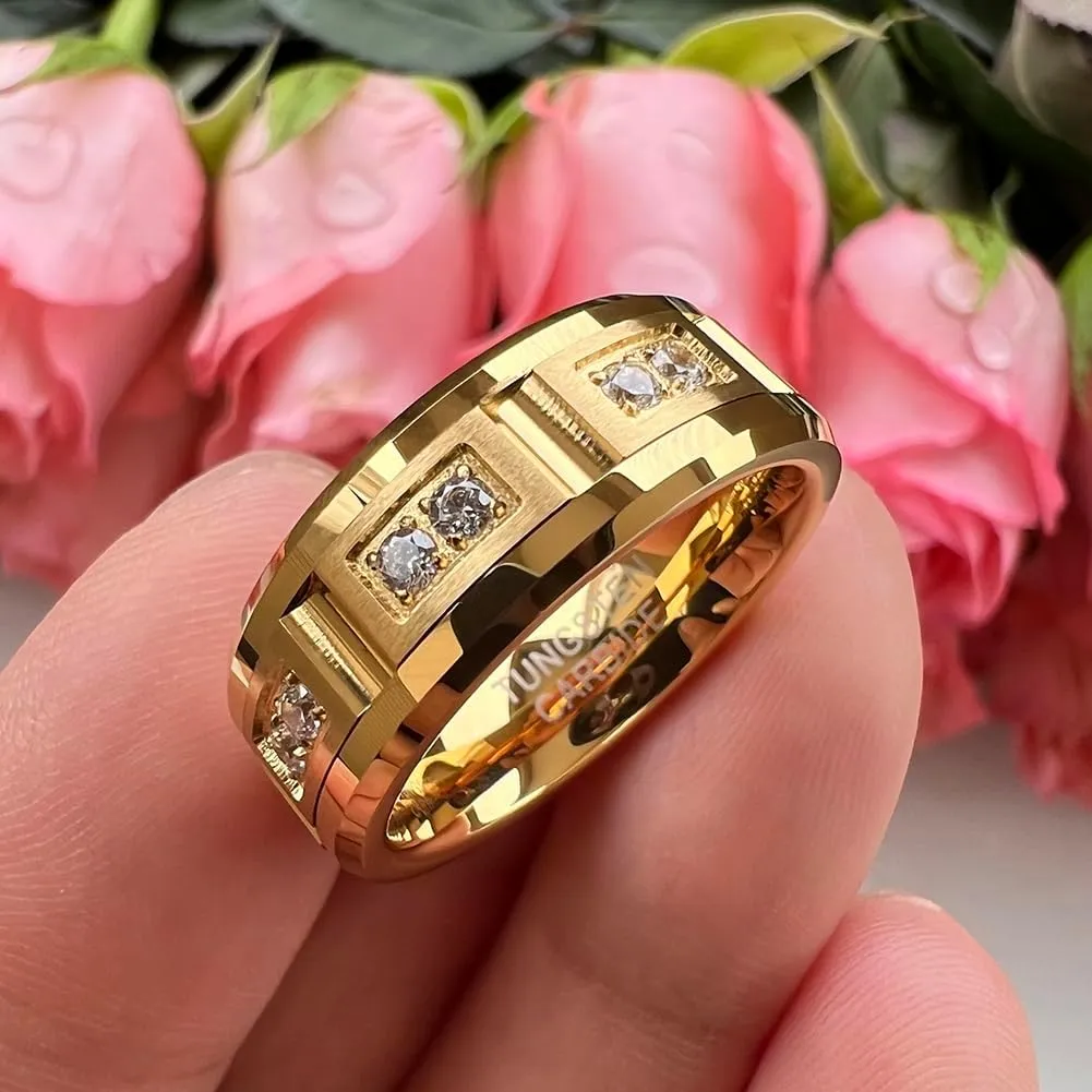 8mm Silver/Black/Gold Tungsten Rings for Men Women Couple Eternity Anniversary Engagement Wedding Bands Fashion Jewelry CZ Stone Inlay Beveled Matte Polished Comfort Fit