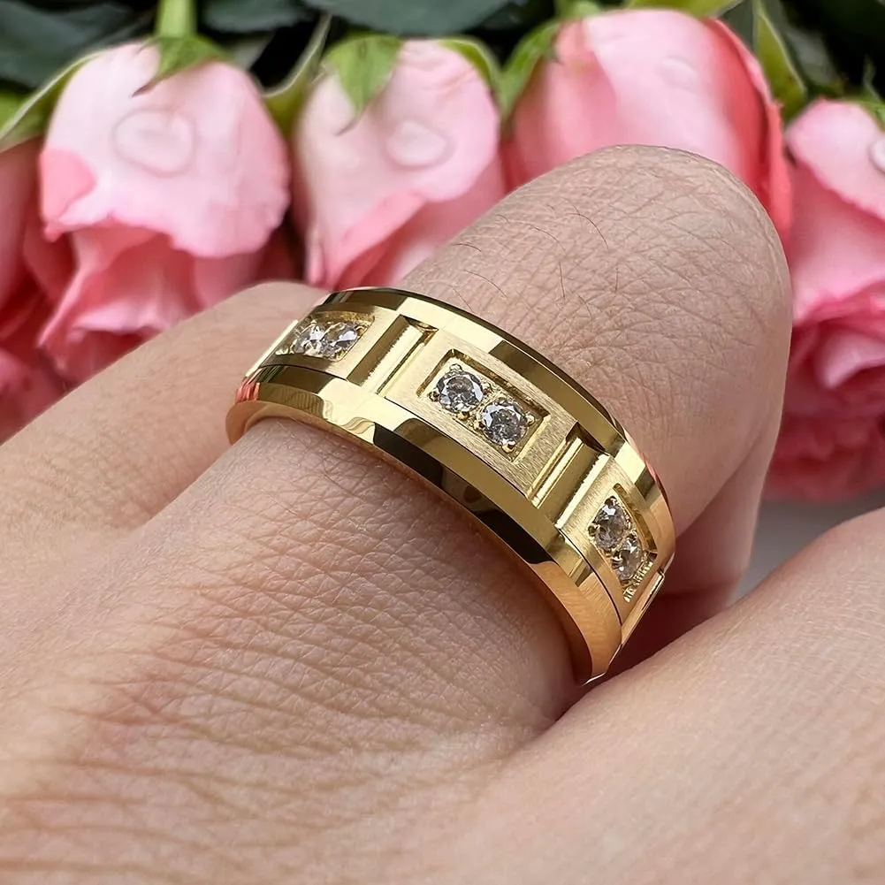 8mm Silver/Black/Gold Tungsten Rings for Men Women Couple Eternity Anniversary Engagement Wedding Bands Fashion Jewelry CZ Stone Inlay Beveled Matte Polished Comfort Fit