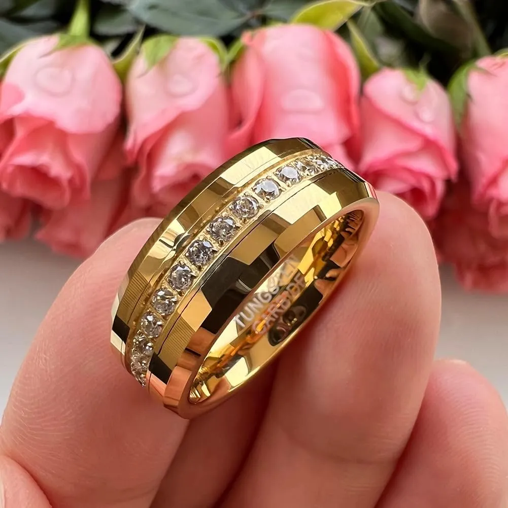 8mm Silver/Black/Gold Tungsten Rings for Men Women Couple Eternity Anniversary Engagement Wedding Bands Fashion Jewelry CZ Stone Inlay Beveled Polished Shiny Comfort Fit