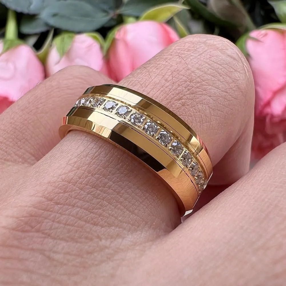 8mm Silver/Black/Gold Tungsten Rings for Men Women Couple Eternity Anniversary Engagement Wedding Bands Fashion Jewelry CZ Stone Inlay Beveled Polished Shiny Comfort Fit