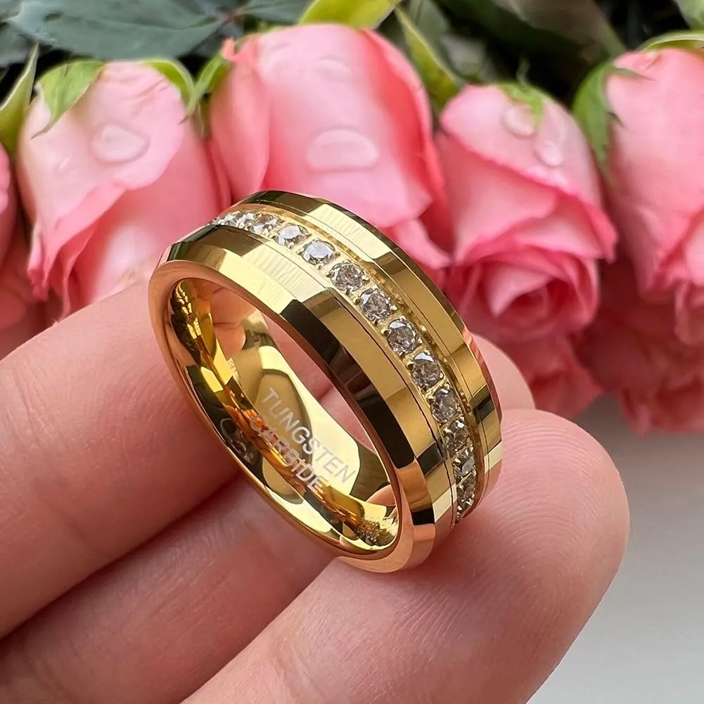 8mm Silver/Black/Gold Tungsten Rings for Men Women Couple Eternity Anniversary Engagement Wedding Bands Fashion Jewelry CZ Stone Inlay Beveled Polished Shiny Comfort Fit