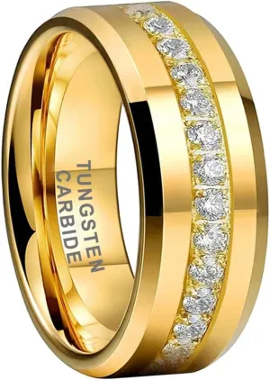 8mm Silver/Black/Gold Tungsten Rings for Men Women Couple Eternity Anniversary Engagement Wedding Bands Fashion Jewelry CZ Stone Inlay Beveled Polished Shiny Comfort Fit