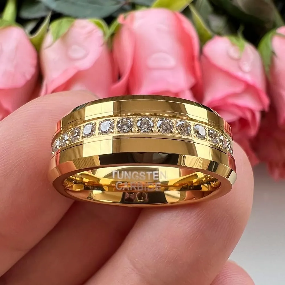 8mm Silver/Black/Gold Tungsten Rings for Men Women Couple Eternity Anniversary Engagement Wedding Bands Fashion Jewelry CZ Stone Inlay Beveled Polished Shiny Comfort Fit