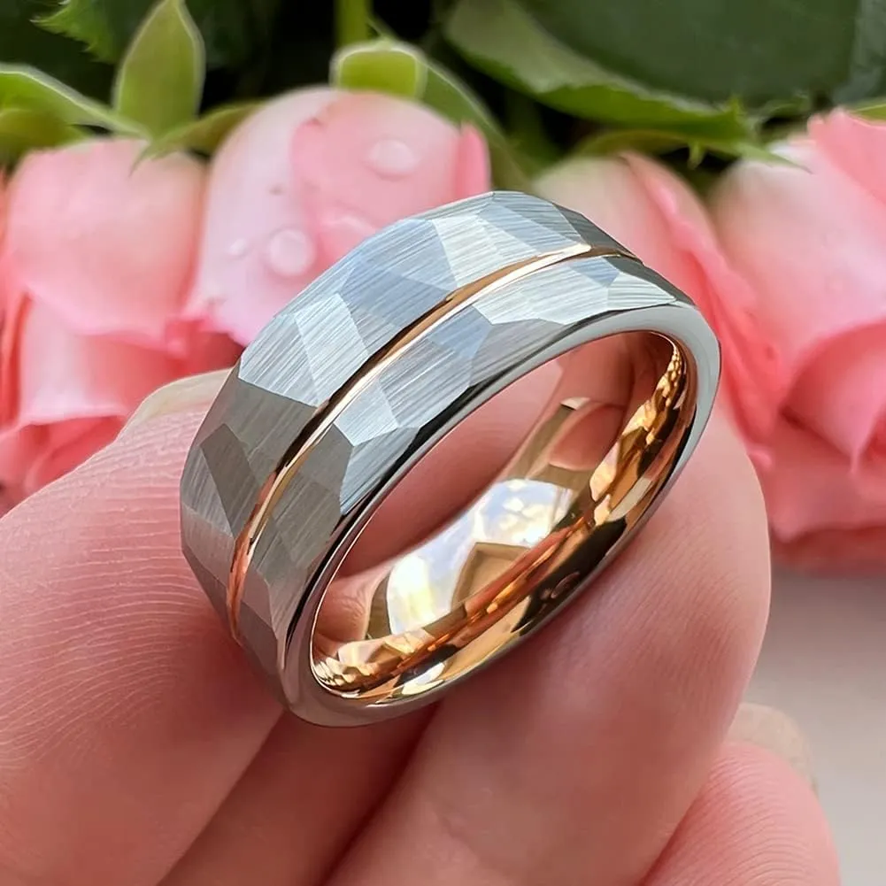 8mm Silver/Black/Gold/Rose Gold Hammered Tungsten Rings for Men Women Fashion Jewelry Engagement Wedding Bands Offset Line Matte Finish Comfort Fit