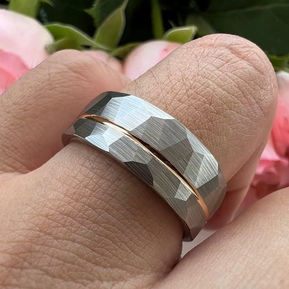 8mm Silver/Black/Gold/Rose Gold Hammered Tungsten Rings for Men Women Fashion Jewelry Engagement Wedding Bands Offset Line Matte Finish Comfort Fit