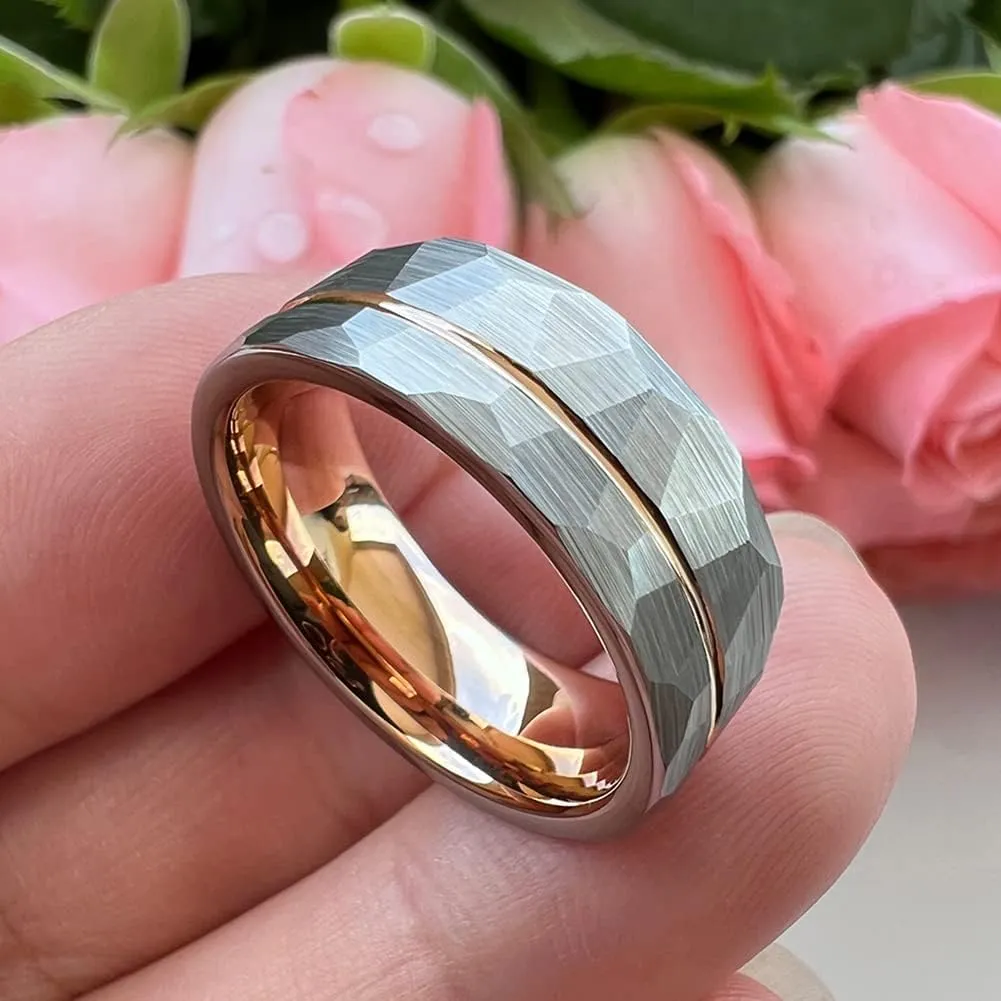8mm Silver/Black/Gold/Rose Gold Hammered Tungsten Rings for Men Women Fashion Jewelry Engagement Wedding Bands Offset Line Matte Finish Comfort Fit