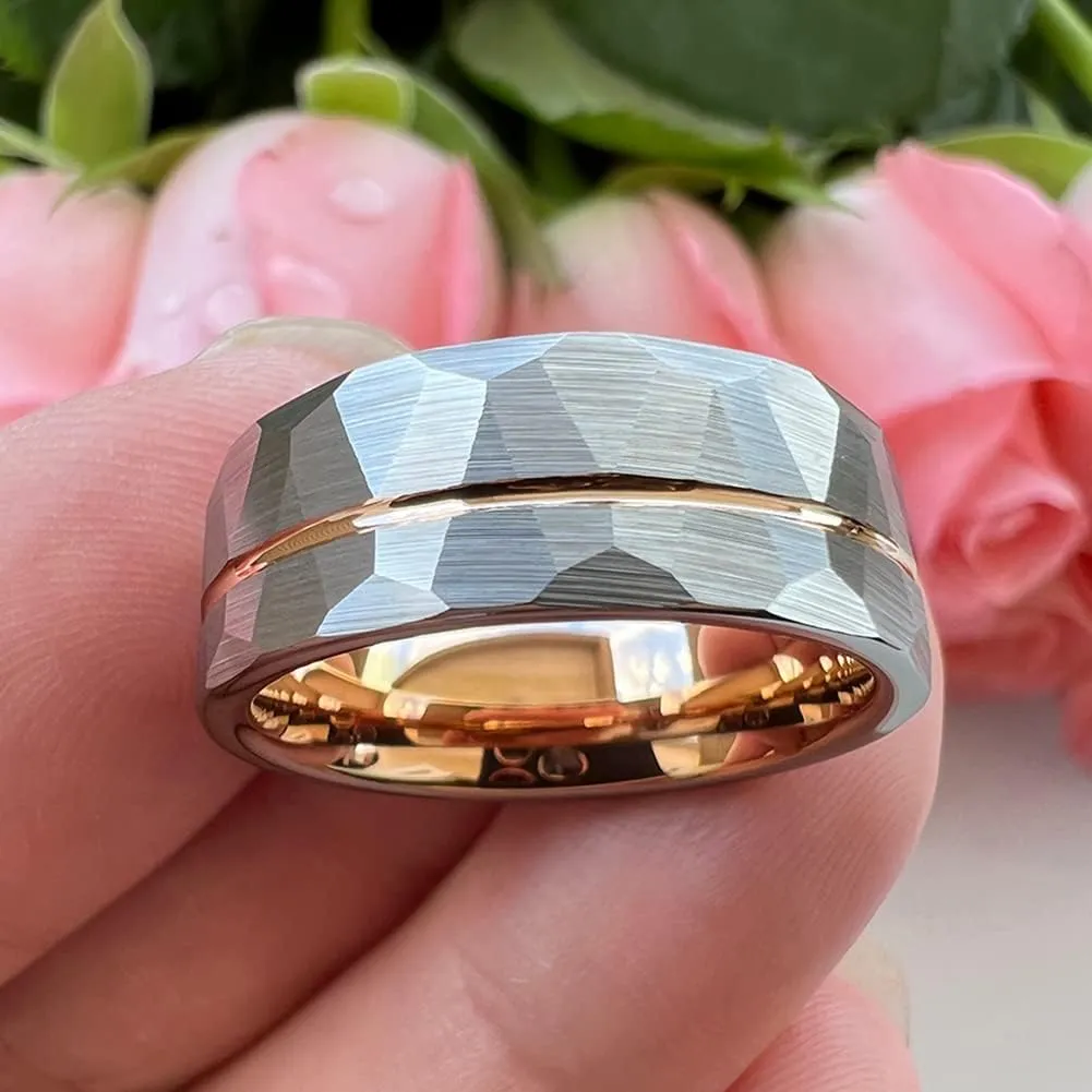 8mm Silver/Black/Gold/Rose Gold Hammered Tungsten Rings for Men Women Fashion Jewelry Engagement Wedding Bands Offset Line Matte Finish Comfort Fit