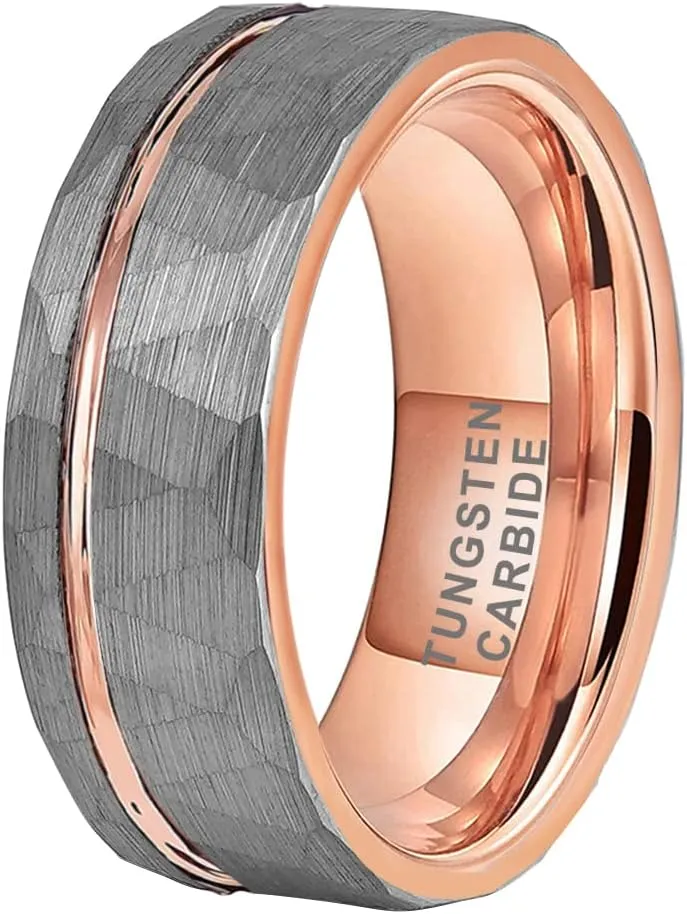 8mm Silver/Black/Gold/Rose Gold Hammered Tungsten Rings for Men Women Fashion Jewelry Engagement Wedding Bands Offset Line Matte Finish Comfort Fit