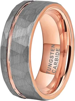 8mm Silver/Black/Gold/Rose Gold Hammered Tungsten Rings for Men Women Fashion Jewelry Engagement Wedding Bands Offset Line Matte Finish Comfort Fit