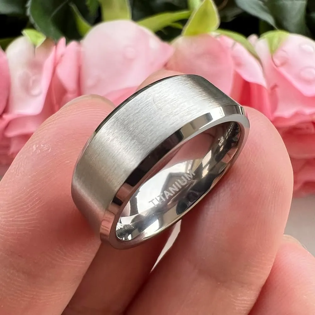 8mm Silver/Black/Gunmetal/Gold Titanium Rings for Men Women Engagement Wedding Bands Matte Finish Beveled Edges Comfort Fit
