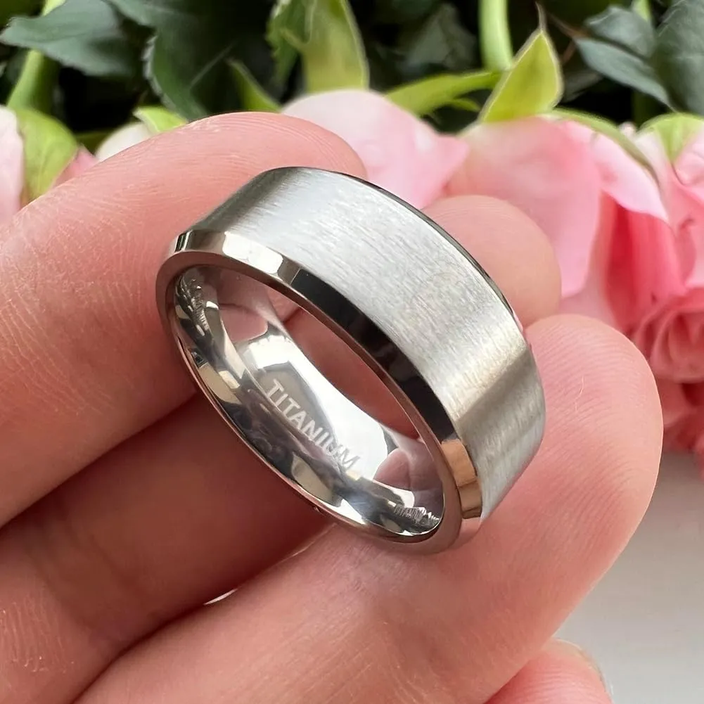 8mm Silver/Black/Gunmetal/Gold Titanium Rings for Men Women Engagement Wedding Bands Matte Finish Beveled Edges Comfort Fit