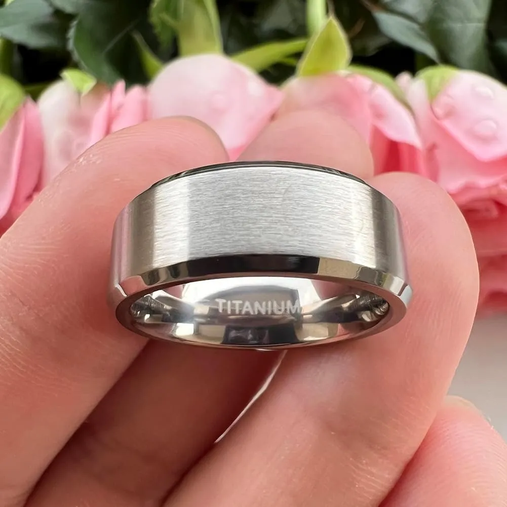8mm Silver/Black/Gunmetal/Gold Titanium Rings for Men Women Engagement Wedding Bands Matte Finish Beveled Edges Comfort Fit