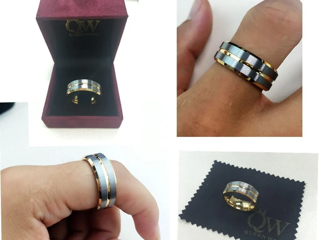 8mm Two Tone Tungsten Wedding Bands Gold Silver Brushed Promise Rings for Him & Her Size 5-14