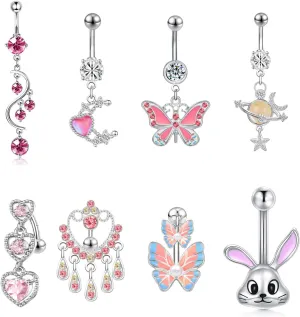 8pcs 14G Stainless Steel Belly Button Rings Navel Rings CZ Curved Barbell Piercing Belly Rings for Women