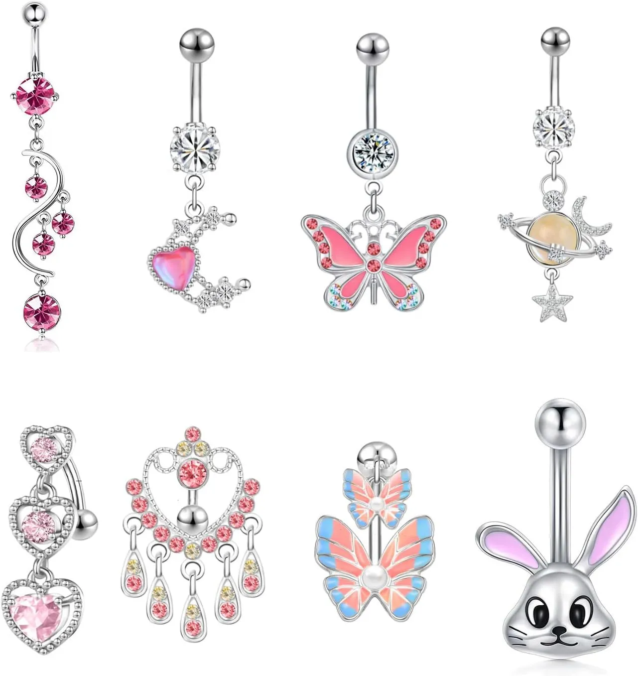 8pcs 14G Stainless Steel Belly Button Rings Navel Rings CZ Curved Barbell Piercing Belly Rings for Women