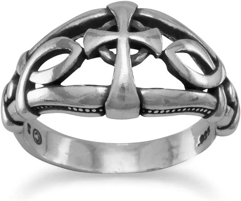 925 Sterling Silver Ichthys and Religious Faith Cross Design Oxidized Ring Size 7 - Jewelry Gift for Mom