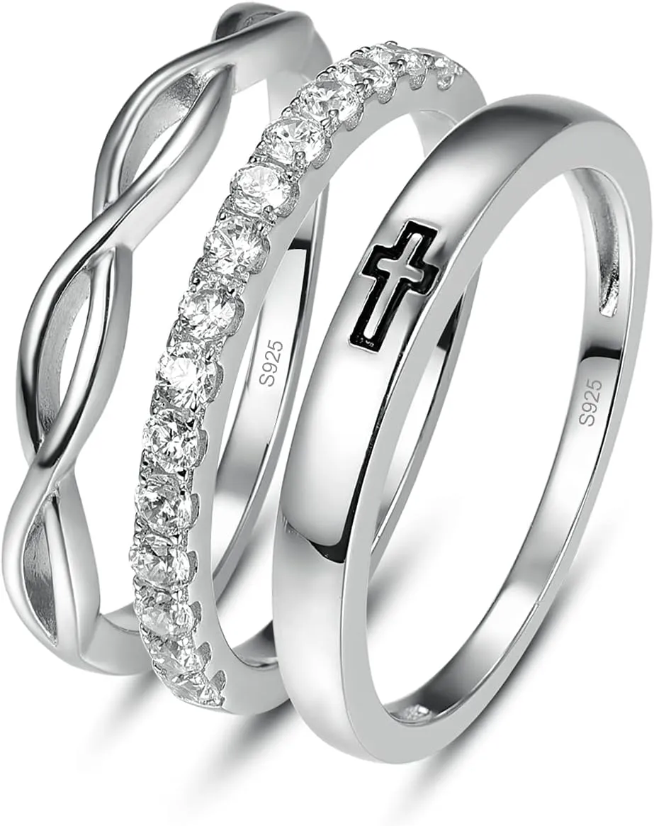 925 Sterling Silver Wedding Eternity Ring with Cubic Zirconia, Skinny Cross Love Knot Engagement Promise Ring Anniversary Wedding Ring, Jewellery Gifts for Women Girls