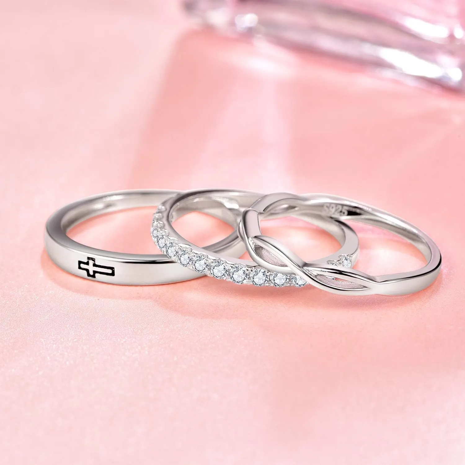925 Sterling Silver Wedding Eternity Ring with Cubic Zirconia, Skinny Cross Love Knot Engagement Promise Ring Anniversary Wedding Ring, Jewellery Gifts for Women Girls