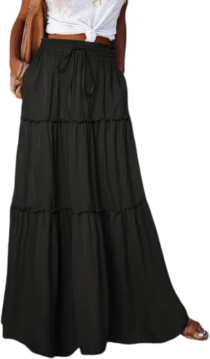 ADWAXDA Womens Boho Maxi Skirt, Floral Print Flowy High Waist Tiered Pleated Long Skirt with Pockets