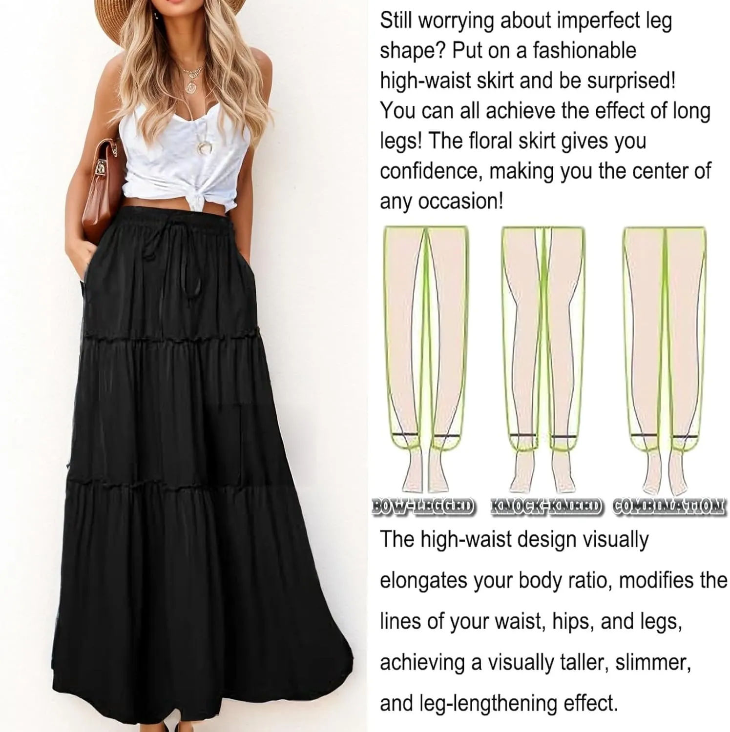 ADWAXDA Womens Boho Maxi Skirt, Floral Print Flowy High Waist Tiered Pleated Long Skirt with Pockets