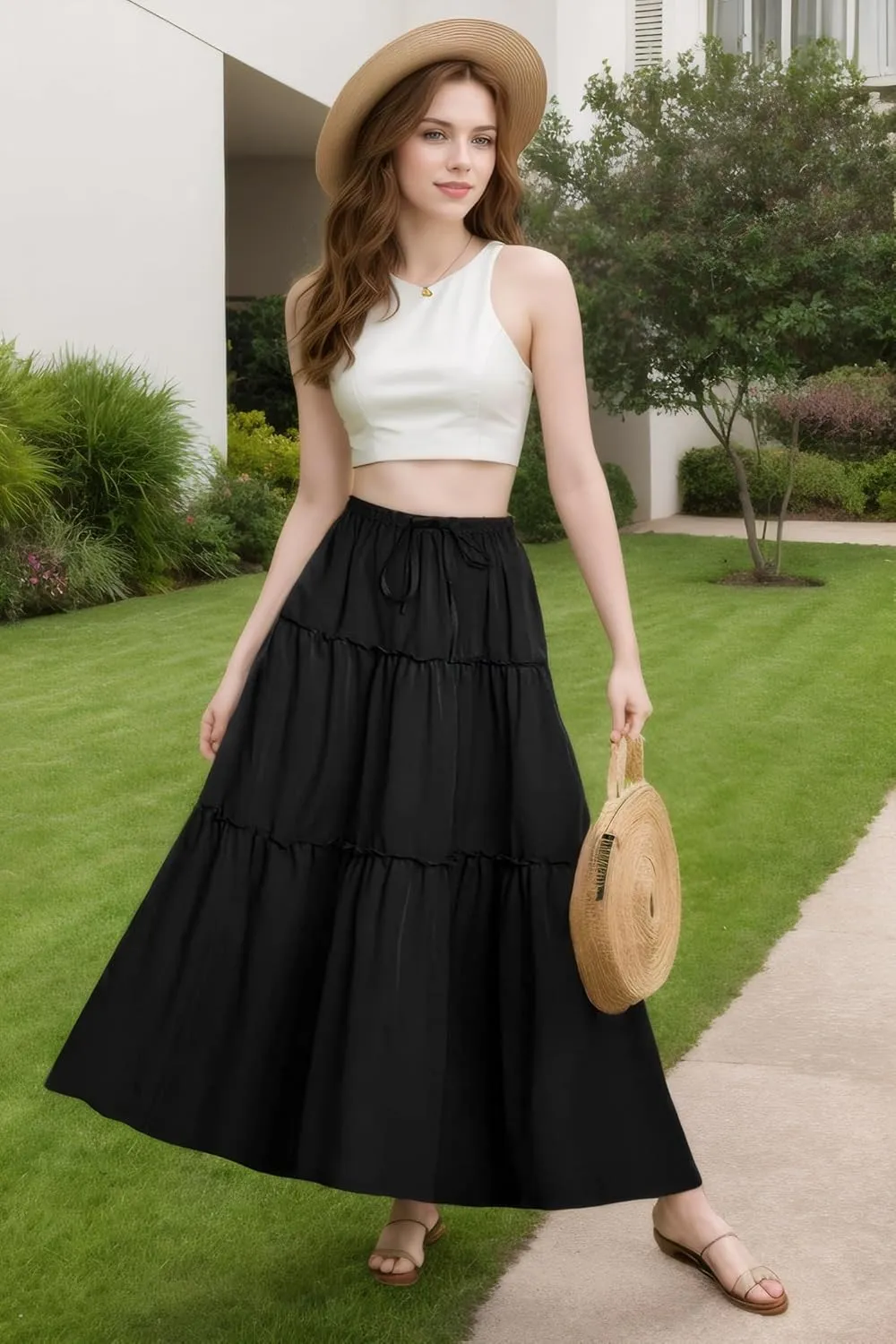 ADWAXDA Womens Boho Maxi Skirt, Floral Print Flowy High Waist Tiered Pleated Long Skirt with Pockets