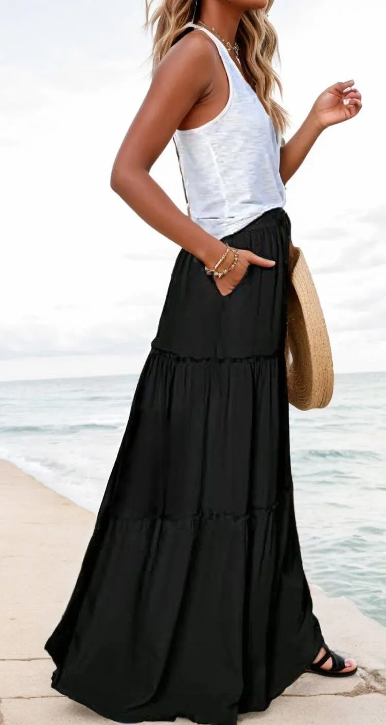 ADWAXDA Womens Boho Maxi Skirt, Floral Print Flowy High Waist Tiered Pleated Long Skirt with Pockets