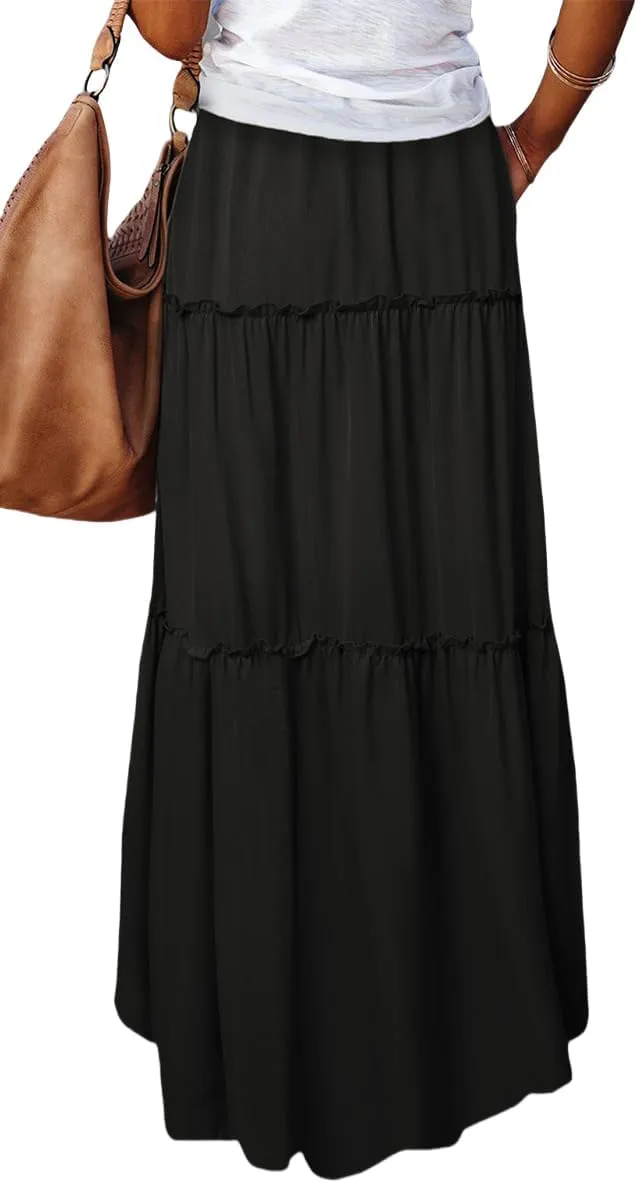 ADWAXDA Womens Boho Maxi Skirt, Floral Print Flowy High Waist Tiered Pleated Long Skirt with Pockets