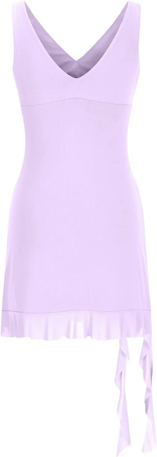 Akklian Womens Summer Dresses Sexy Slit Bodycon Dresses V Neck Backless Y2K Ruffle Trim Fringe Cocktail Party Club Mini Dress