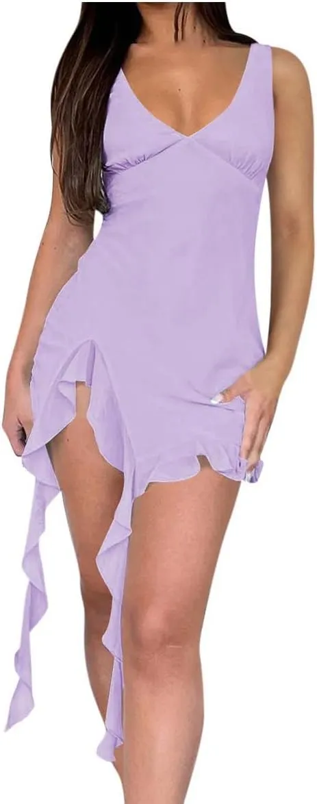 Akklian Womens Summer Dresses Sexy Slit Bodycon Dresses V Neck Backless Y2K Ruffle Trim Fringe Cocktail Party Club Mini Dress