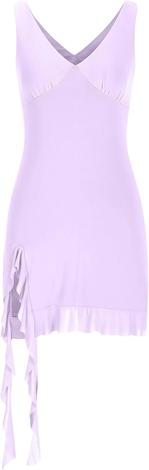 Akklian Womens Summer Dresses Sexy Slit Bodycon Dresses V Neck Backless Y2K Ruffle Trim Fringe Cocktail Party Club Mini Dress