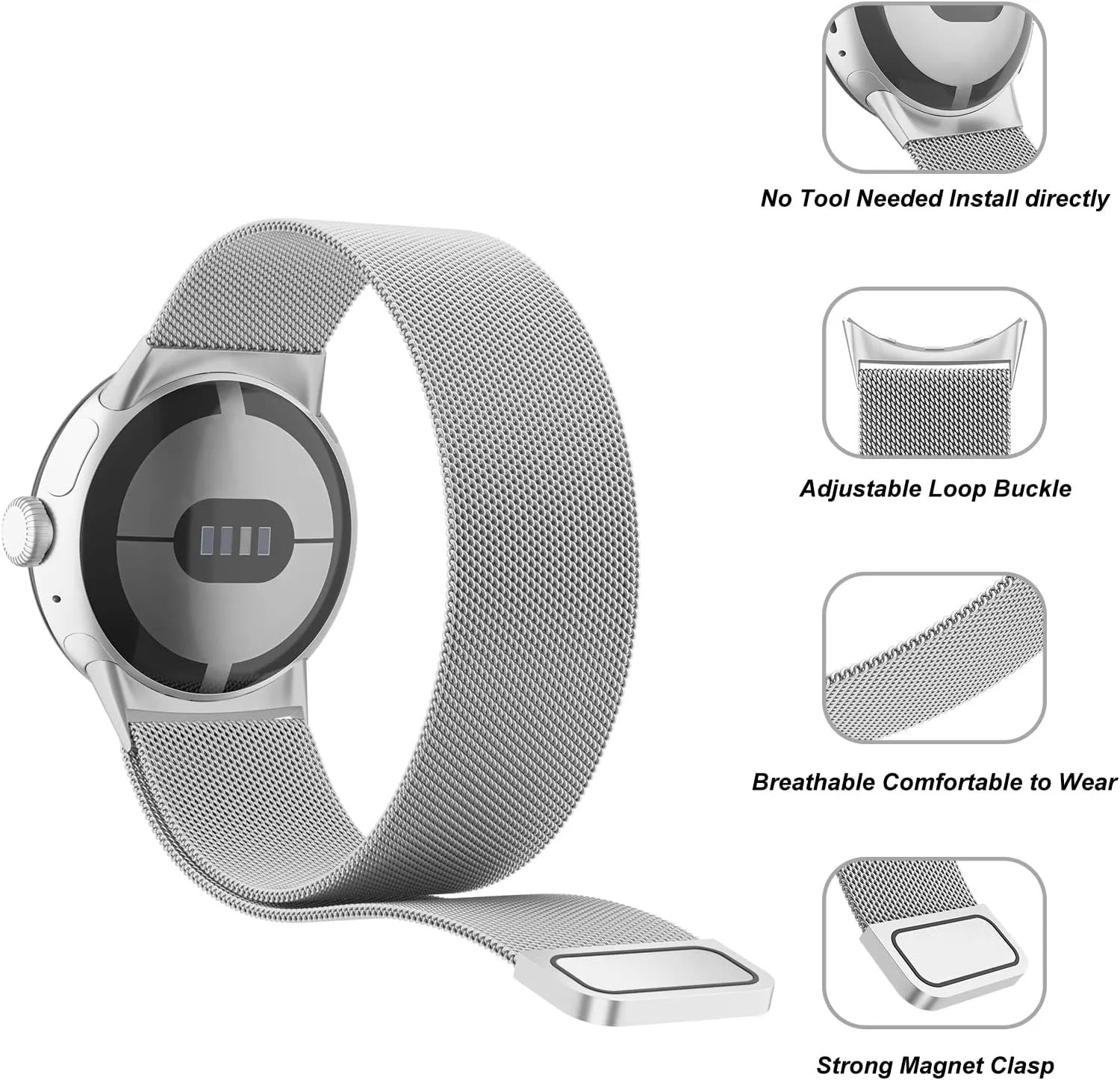 Amzpas Metal Band Compatible with Google Pixel Watch Bands for Women Men, Stainless Steel Mesh Loop Adjustable Wristband Replacement Strap for Google Pixel Watch 1/2 / 3 41mm Band