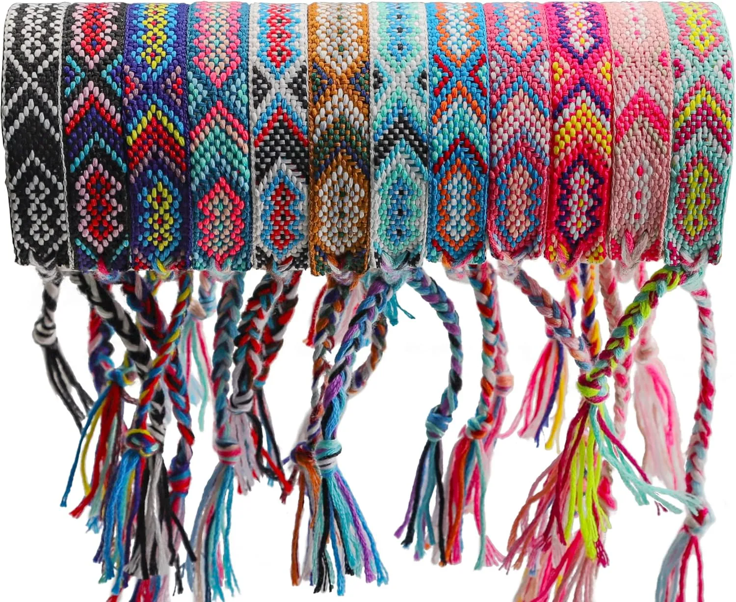 Andblue 12 Pcs Nepal Woven Friendship Bracelets Handmade Braided String Adjustable Bulk Bracelet for Women
