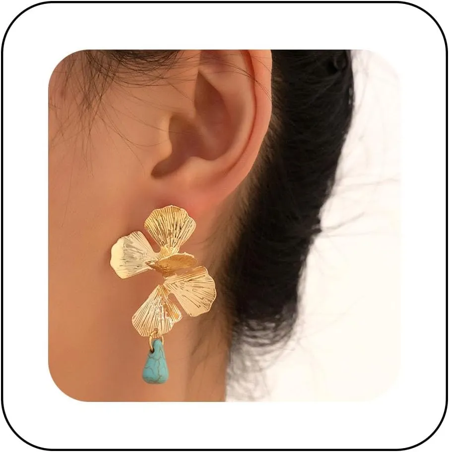 Andelaisi Boho Turquoise Leaf Drop Earrings Vintage Leaf Flower Earrings Vintage Turquoise Leaf Earrings Blue Turquoise Bead Earrings Jewelry for Women