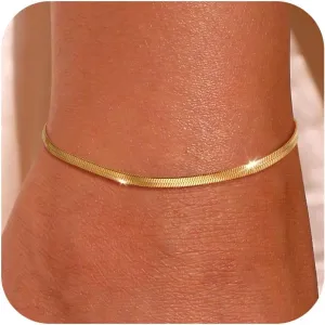 Ankle Bracelet for Women - 14K Gold Plated Ankle Bracelets Waterproof Cuban Link Heart Beads Herringbone Pearl Anklet Bracelets for Women