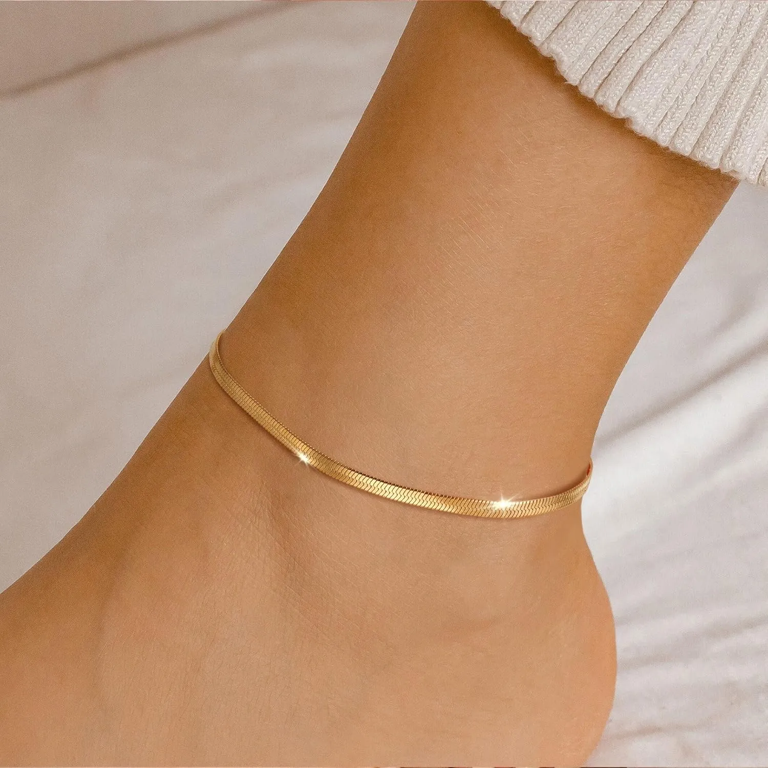 Ankle Bracelet for Women - 14K Gold Plated Ankle Bracelets Waterproof Cuban Link Heart Beads Herringbone Pearl Anklet Bracelets for Women