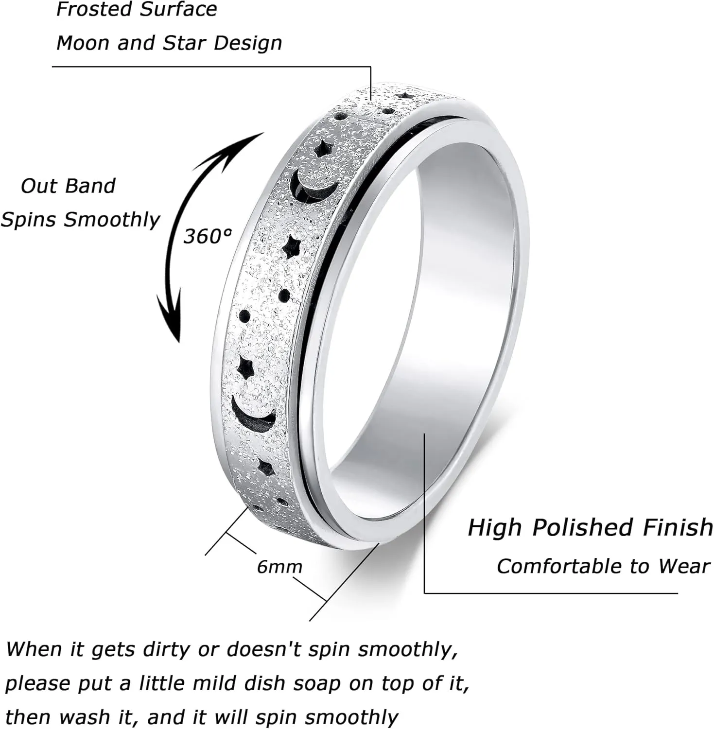 Anxiety Fidget Relief Spinner Rings for Women 6 mm Stainless Steel Worry Stress Relieve Ring Band Set for Anxiety Women Men Size 5-11