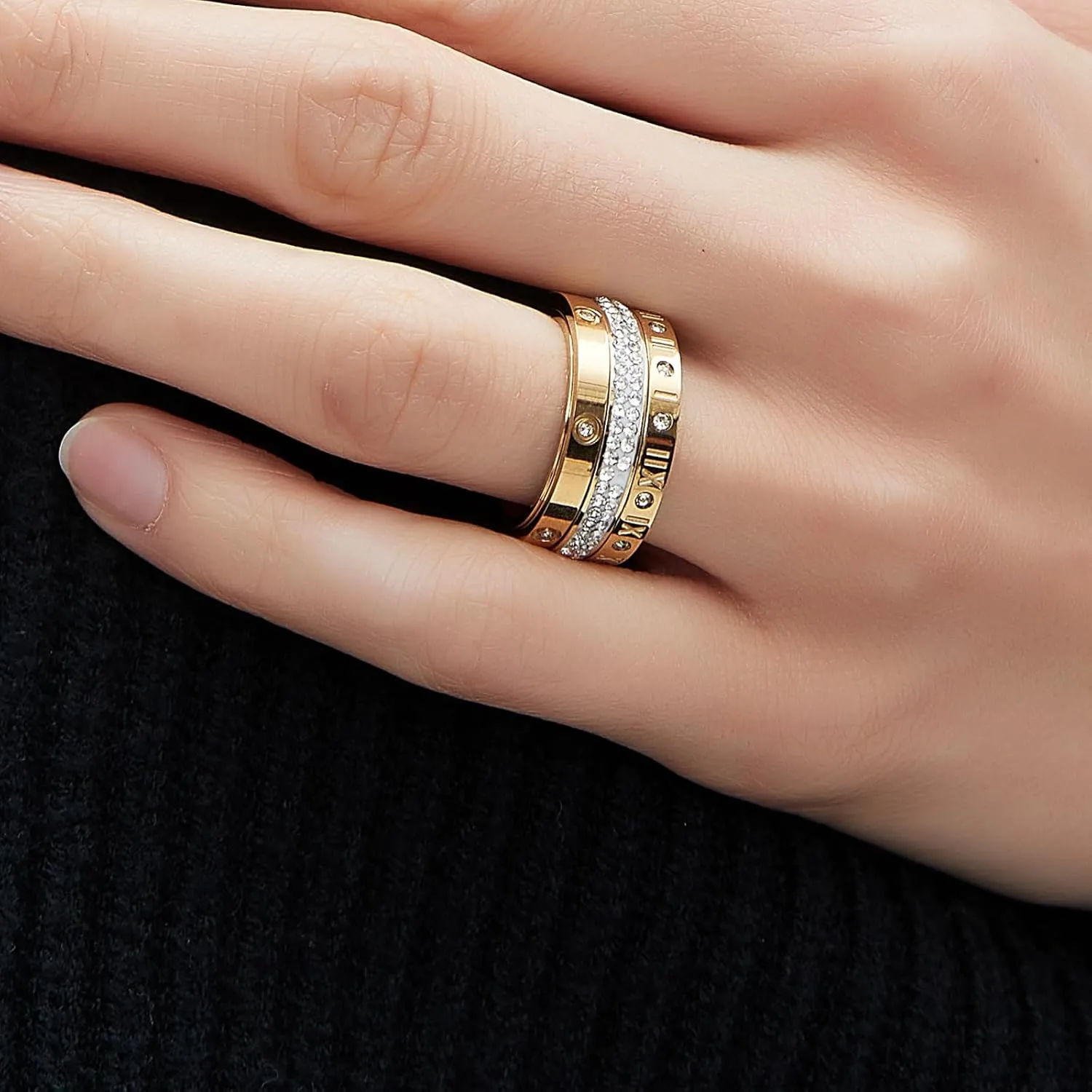 Anxiety Fidget Spinner Ring Love Friendship Gold Rings for Women 14K Gold Plated Titanium Steel Dainty Cubic Zirconia Rings Bands 3 In 1 Rings for Women
