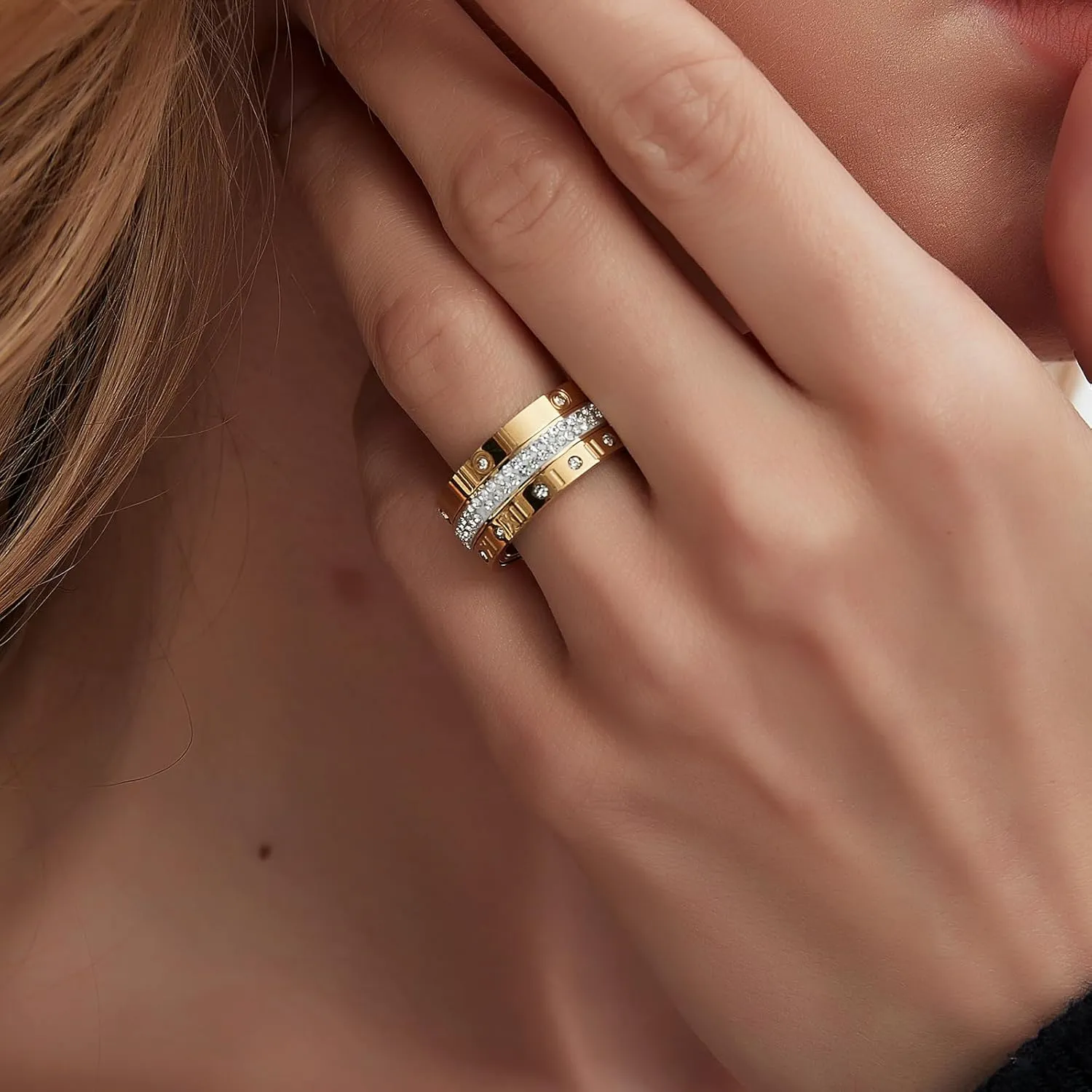 Anxiety Fidget Spinner Ring Love Friendship Gold Rings for Women 14K Gold Plated Titanium Steel Dainty Cubic Zirconia Rings Bands 3 In 1 Rings for Women