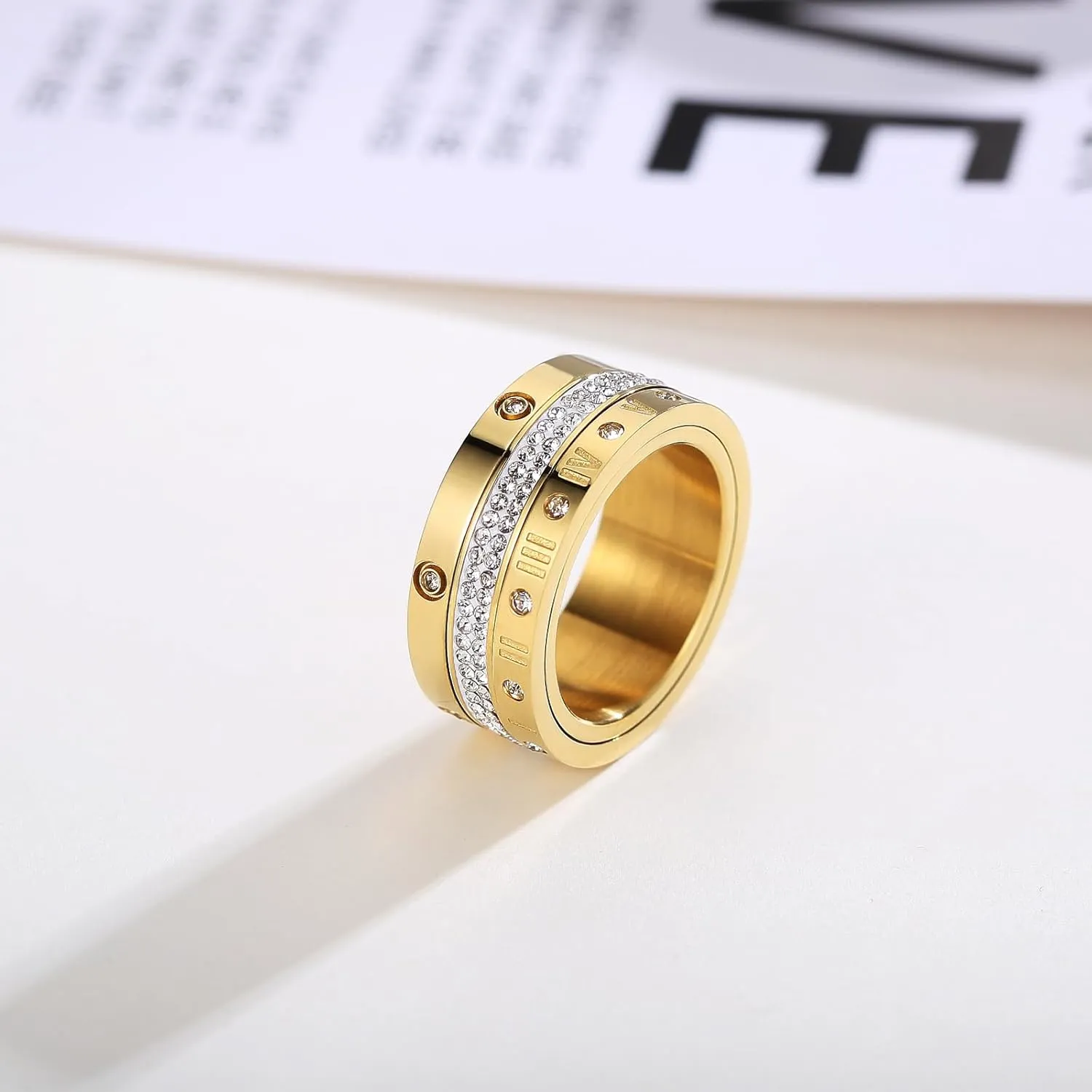 Anxiety Fidget Spinner Ring Love Friendship Gold Rings for Women 14K Gold Plated Titanium Steel Dainty Cubic Zirconia Rings Bands 3 In 1 Rings for Women