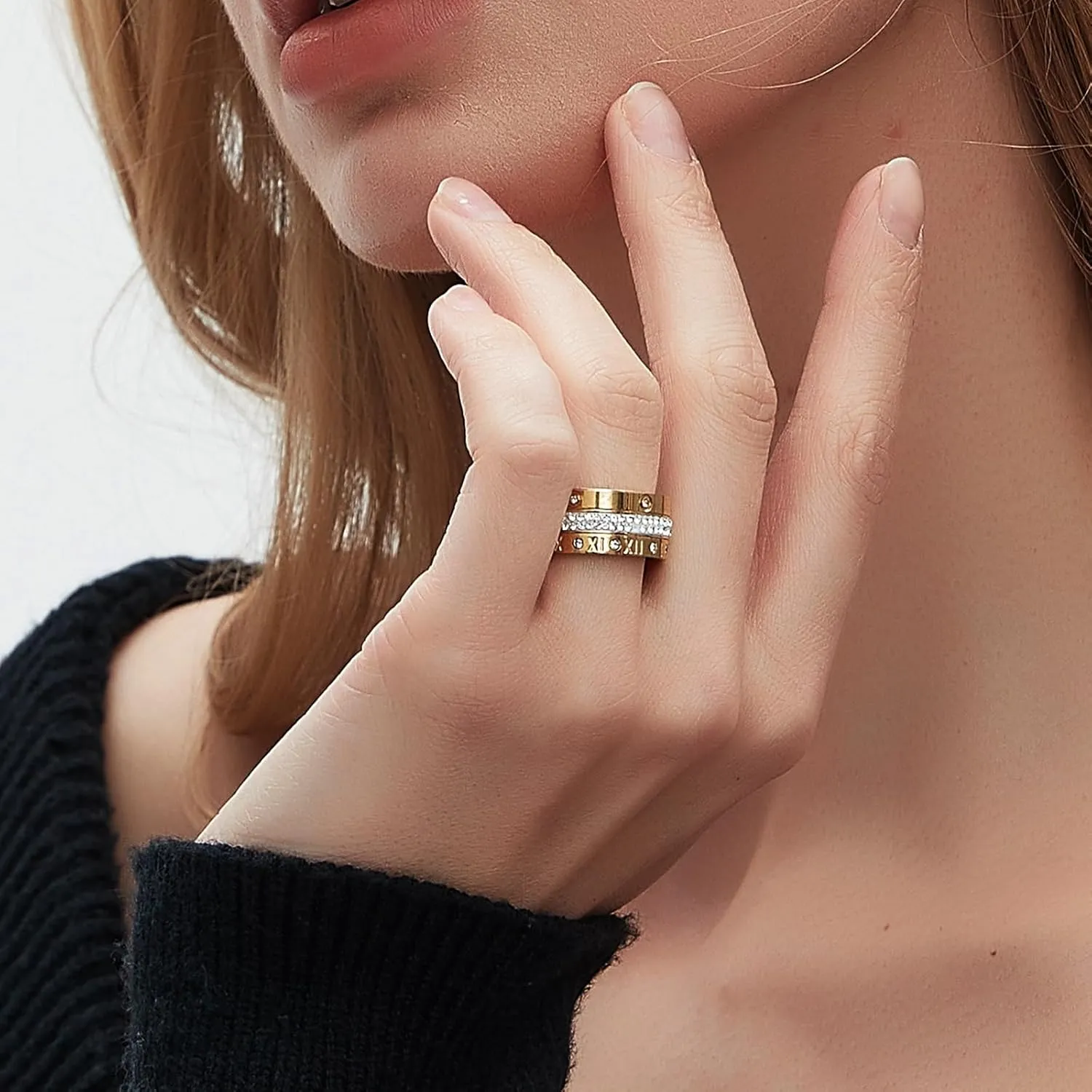 Anxiety Fidget Spinner Ring Love Friendship Gold Rings for Women 14K Gold Plated Titanium Steel Dainty Cubic Zirconia Rings Bands 3 In 1 Rings for Women