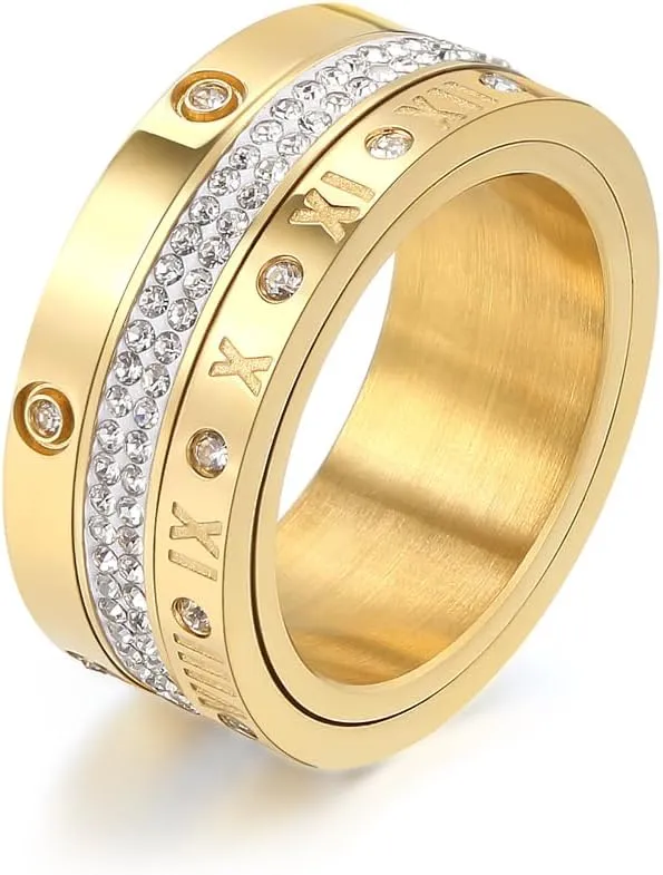 Anxiety Fidget Spinner Ring Love Friendship Gold Rings for Women 14K Gold Plated Titanium Steel Dainty Cubic Zirconia Rings Bands 3 In 1 Rings for Women