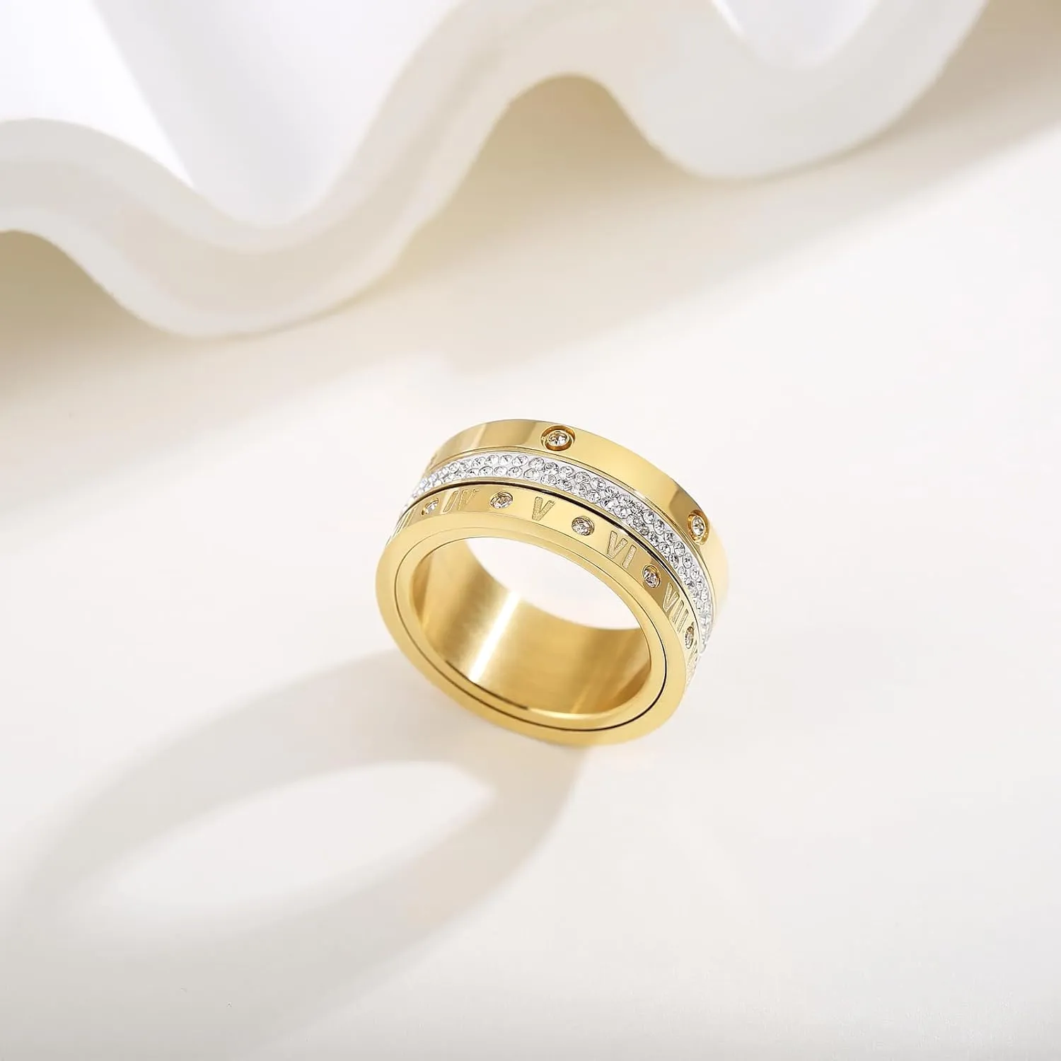 Anxiety Fidget Spinner Ring Love Friendship Gold Rings for Women 14K Gold Plated Titanium Steel Dainty Cubic Zirconia Rings Bands 3 In 1 Rings for Women