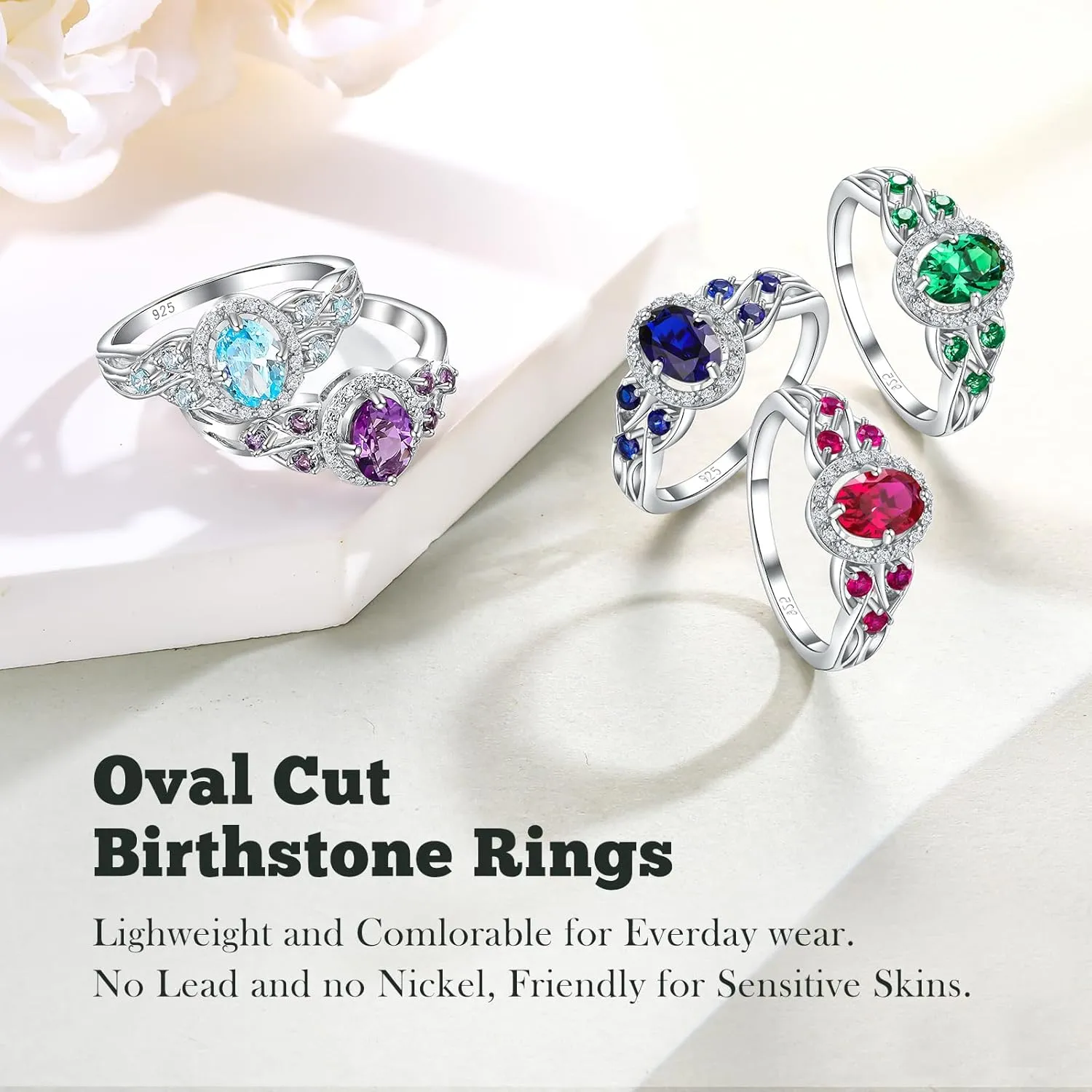 Aquamarine/Amethyst/Emerald/Sapphire/Ruby Engagement Ring for Women, 925 Sterling Silver Celtic Knot Ring Moissanite Inlaid Oval Shaped Birthstone Gemstone Cocktail Statement Rings