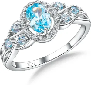 Aquamarine/Amethyst/Emerald/Sapphire/Ruby Engagement Ring for Women, 925 Sterling Silver Celtic Knot Ring Moissanite Inlaid Oval Shaped Birthstone Gemstone Cocktail Statement Rings